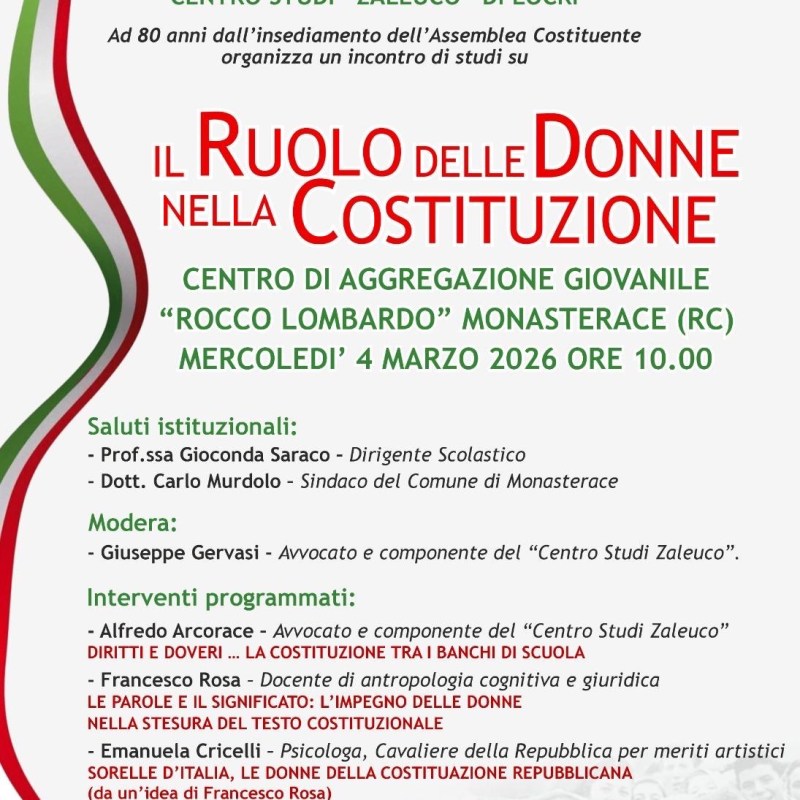 Le donne e la Costituzione: a Monasterace un incontro per celebrare 80 anni dell’Assemblea&nbsp;Costituente