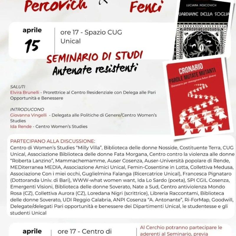Antenate Resistenti, all’ UniCal l’incontro con Luciana Percovich e Roberta&nbsp;Fenci