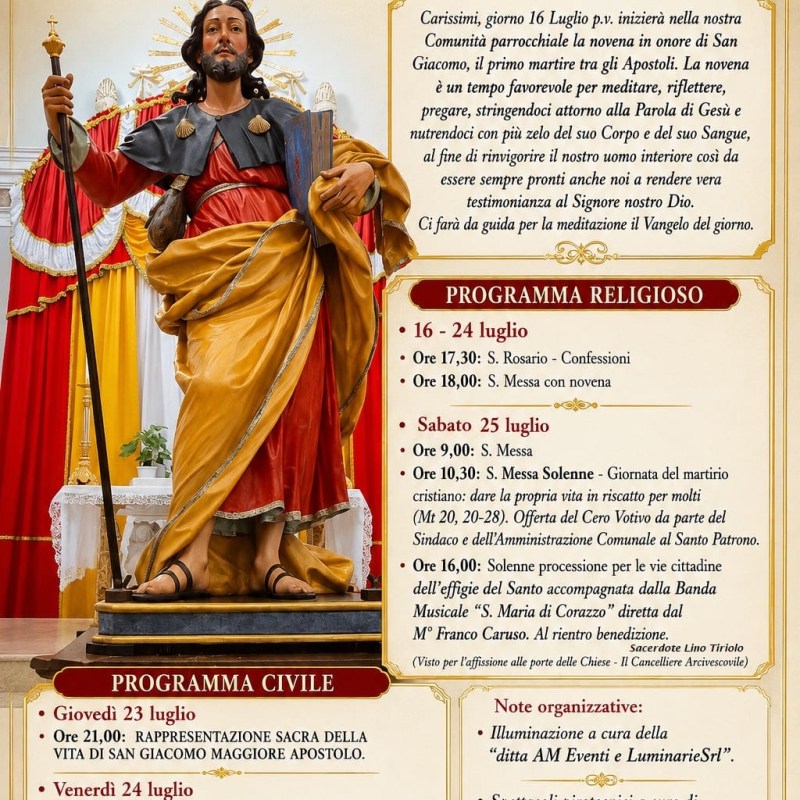Cicala si prepara a celebrare il Santo Patrono San Giacomo Maggiore Apostolo: tre giorni di fede, tradizione, musica e spettacolo dal 23 al 25&nbsp;luglio